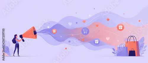 Vector banner showing a woman using a megaphone sending marketing messages through social media and ecommerce icons toward shopping bags, illustrating online promotion and retail communication