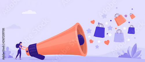 Vector banner showing a giant megaphone projecting colorful shopping bags and retail icons while a woman stands beside it, illustrating ecommerce advertising, sales promotion and online marketing