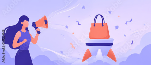 Vector banner showing a woman speaking through a megaphone toward a shopping bag launching by rocket, illustrating ecommerce promotion, online retail, sales growth, advertising and digital marketing