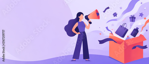  banner showing a woman speaking through a megaphone beside an open box filled with shopping bags and products, illustrating online shopping, sales promotion, ecommerce and digital marketing