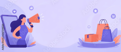 Vector banner showing a woman with a megaphone emerging from a smartphone beside shopping bags and packages, illustrating mobile ecommerce, online retail, digital marketing and sales promotion