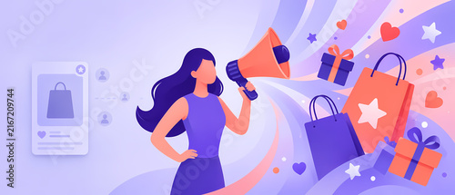 Vector banner of a woman speaking through a megaphone beside shopping bags, gift boxes and retail icons, illustrating online shopping, advertising, sales promotion, ecommerce and digital marketing
