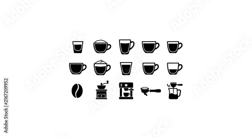 Coffee Icons Set: Espresso Cups, Mugs, Grinder, Machine, Portafilter, Bean