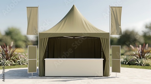 Outdoor event tent with counter and banners set up for business.