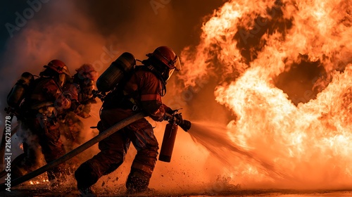 Team of firefighters battling a massive raging fire