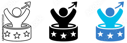 Business growth concept vector icon showing a person rising up with success stars and arrow