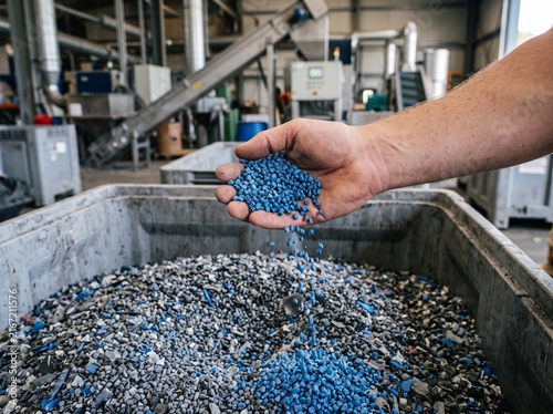 A close-up view of a hand holding a handful of small blue plastic regrind pellets over a container full of processed recycled plastic material.