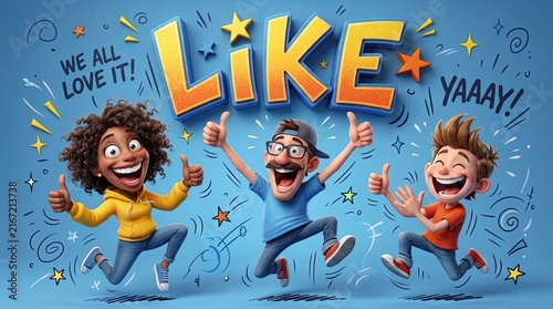 Thumbs Up Like: A vibrant illustration of three diverse people jumping with joy, all giving a thumbs up gesture under the bold LIKE text, signifying approval and enthusiasm.