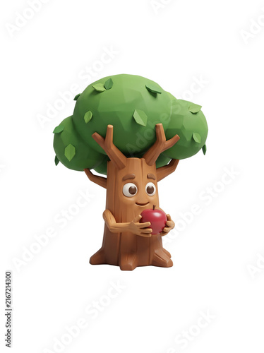 Cute Tree Character Holding Red Fruit Or Apple Orchard Guardian Nature Spirit Low Poly