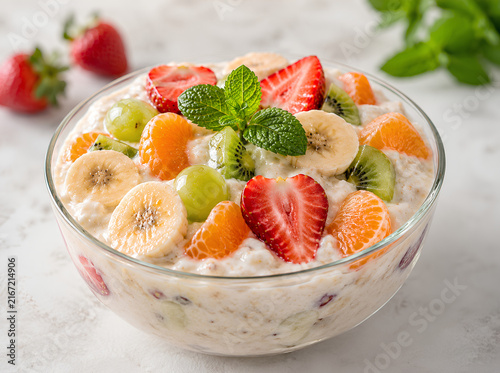 Creamy Fresh Fruit Salad with Banana Strawberry Kiwi and Mint