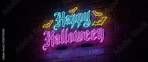 Vibrant neon Halloween sign with glowing purple and yellow lights for festive celebration