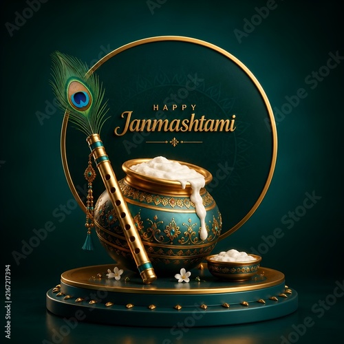 Happy janmashtami traditional dark green festive background with butter pot and flute