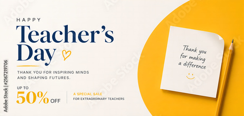 Happy teacher day promotional banner featuring a yellow circle background with a white notepad message and a wooden yellow pencil