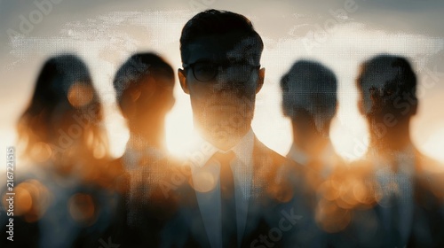 Silhouetted business professionals overlaid with a digital world map, conveying global connectivity and teamwork in a modern corporate setting.