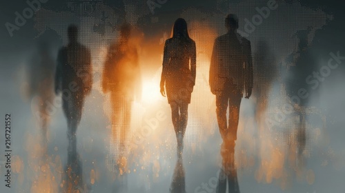Silhouettes of business professionals walking forward against a glowing world map backdrop with bokeh lights and a double exposure effect, symbolizing global connectivity and collaboration.
