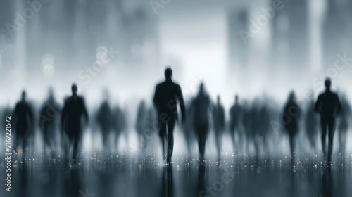 Silhouettes of business professionals walking in a modern urban environment with glowing digital particles, symbolizing corporate networking and global connections.