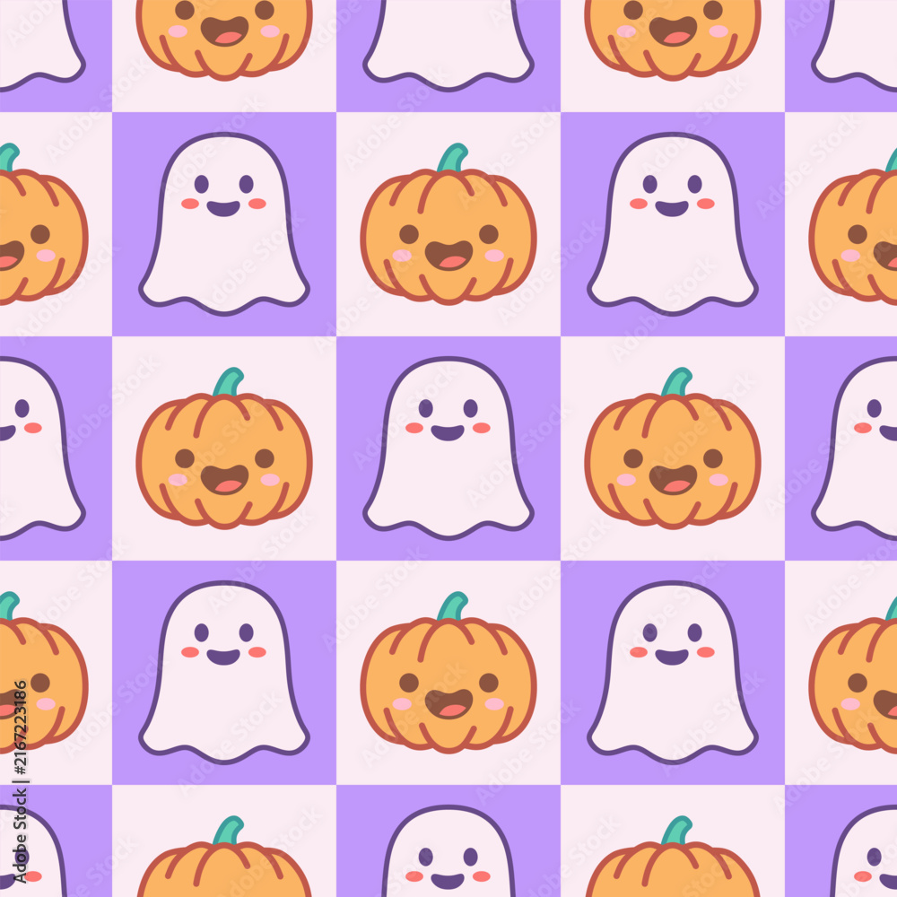 Obraz premium Halloween Checkered Pattern With Cute ghost and Pumpkin. Cute Halloween Seamless Pattern for fabric texture, wrapping paper. Vector illustration