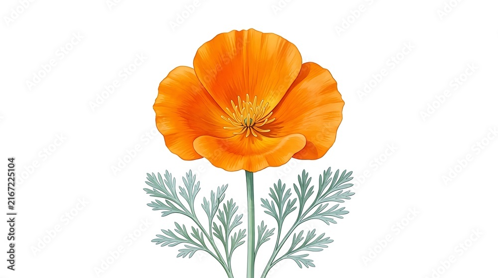 Fototapeta premium Botanical illustration of a bright orange California poppy flower stem and leaves on clean white background.