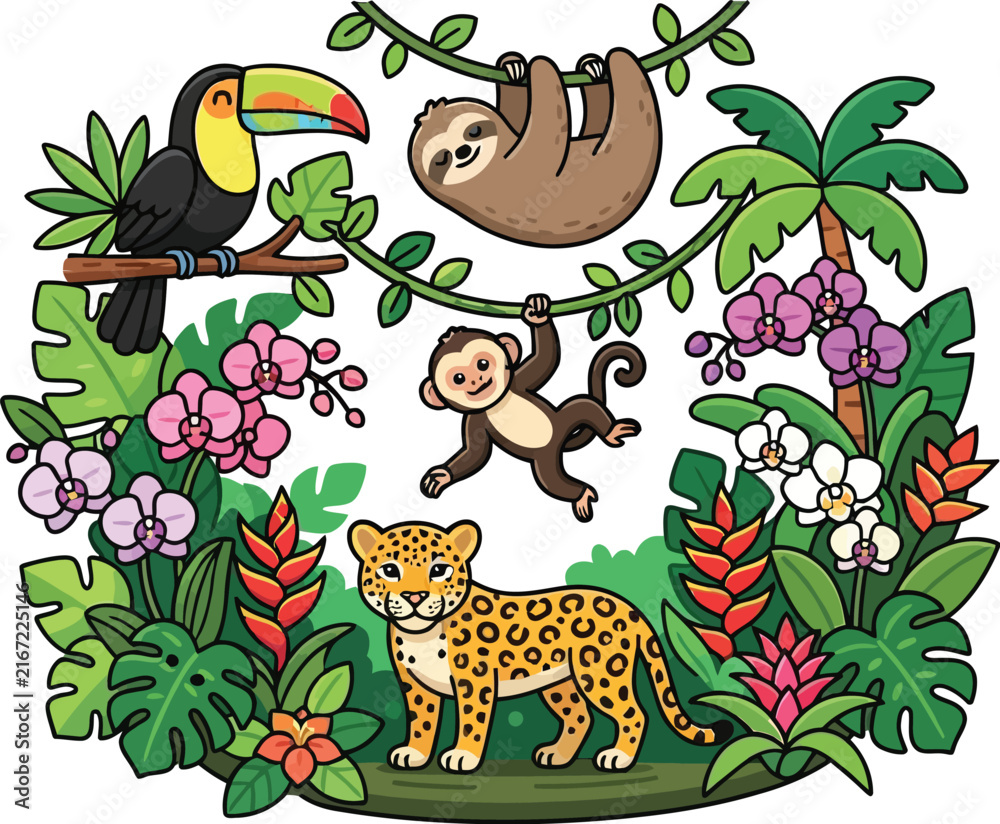Naklejka premium Tropical Jungle Animals and Exotic Plants Vector Illustration