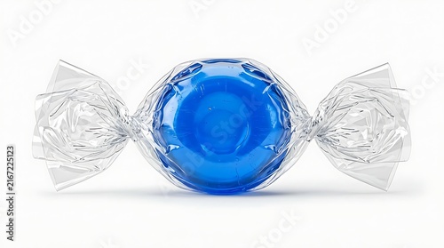 A clear wrapped blue hard candy sweet treat isolated on a clean white background banner.