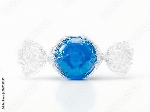 Translucent blue hard candy enclosed in clear twisted cellophane packaging isolated on seamless white background.