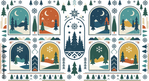 Retro Winter Forest and Mountain Scenes Vector Illustration Pattern