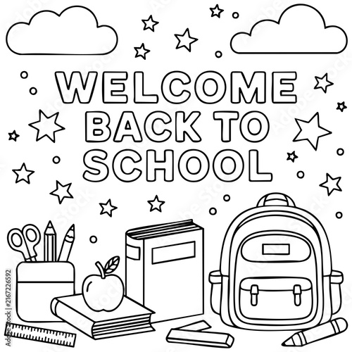 Фотография Back To School Coloring Page With Pencil Case Scissors Apple Book Crayon And Dec