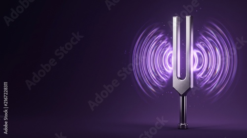 Steel tuning fork with glowing purple neon sound wave concept, deep dark violet background for world mental health day and sound therapy banner template with copy space