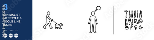 Minimalist Lifestyle Tools Line Icons Set, Including Walking, Plant Care, and Home Organization