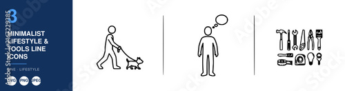 Minimalist Lifestyle Tools Line Icons Set, Including Walking, Reading, and Creative Design Elements