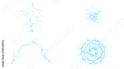 Electric blue lightning bolts and plasma sparks set, glowing energy discharge elements on white, 4 power effects for design