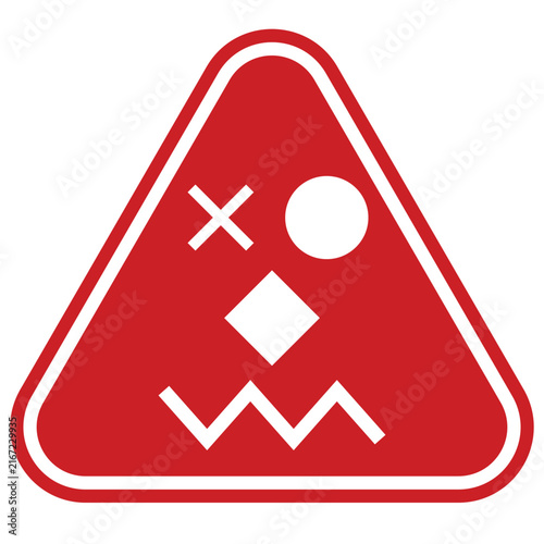 Red triangular error warning sign with geometric hazard safety error symbol
