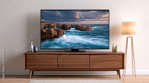 Modern Living Room with Television Showcasing Scenic Ocean View and Stylish Furniture Enhancements for Home Decor Inspiration