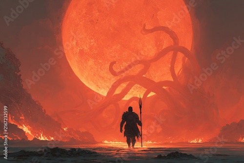A fearless warrior approaches a colossal titan beneath a glowing eclipse in digital art