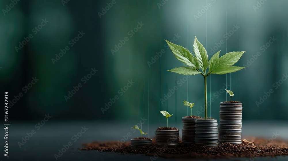 Obraz premium Growth of a Green Plant on Stacked Coins with Blurred Background Symbolizing Financial Prosperity and Sustainability