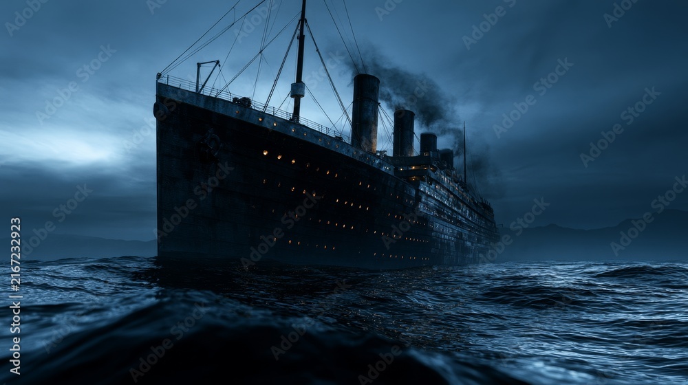 Fototapeta premium A solitary steamship resting motionless on a dark distant horizon, with faint amber porthole lights glowing in the cold night air.