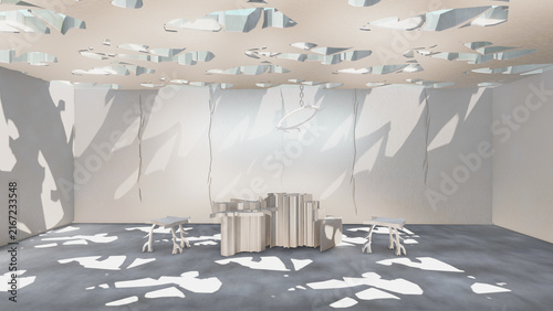 Neo-tribal style interior, cybersigilism style interior, sharp spikes and abstract 3d objects, 3d spiky elements, Brutalist design elements, futuristic interior space