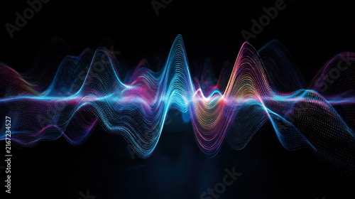 Colorful sound waves represent audio frequencies traveling through space during a music festival at night with digital effects