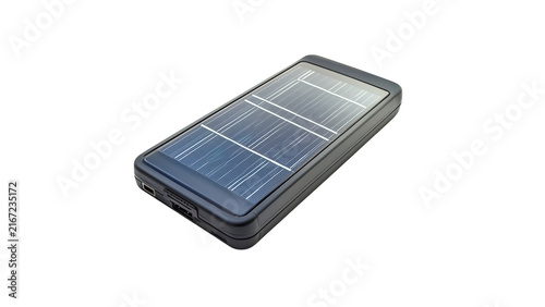 Black portable solar charger with photovoltaic cells with cells isolated on transparent background