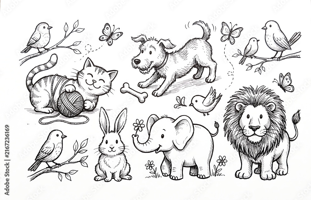 Obraz premium Cute Hand Drawn Animals Coloring Page Illustration
