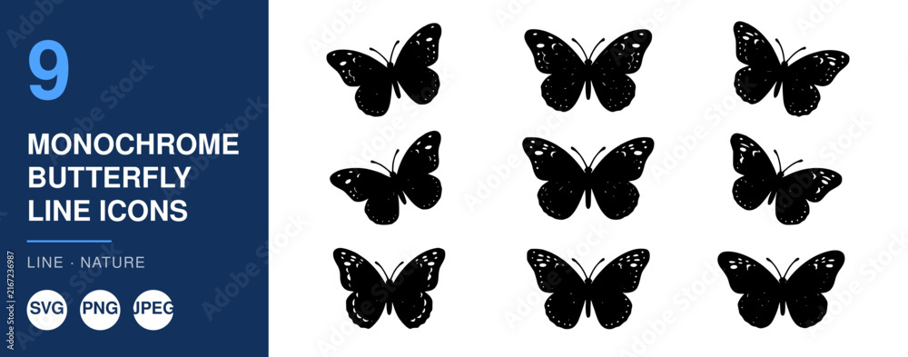 Obraz premium Monochrome Butterfly Line Icons, Set of Nine, Minimalist Design, Nature Illustration, Graphic Design Elements