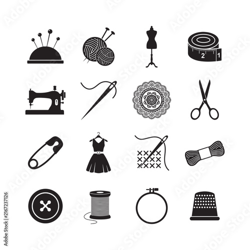 Modern vector icons of traditional needlework and fashion tools perfect for textile hobbyists and craft enthusiasts