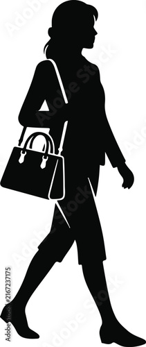 Walking woman silhouette with handbag. Female profile in business attire. Professionelle woman vector illustration. Black shape for logo design. Corporate identity person. isolated on White