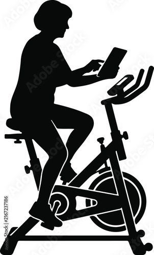 Woman Using Tablet On Indoor Spin Bike Silhouette, Flat Vector Graphics, Fitness, Exercise, Training isolated on White Background