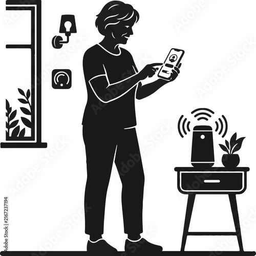 Smart Home User Control Illustration, Internet Of Things Concept, Mobile App Connected Wireless Speaker, Remote Automation, Electronic Living Room