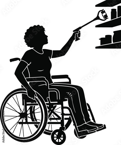 Disabled Shopping Vector Icon Set, Shopper in Wheelchair Icon, Hand Reacher, Retail Assistance Symbol, Supermarket Accessible Shopping Illustration isolated on White Background