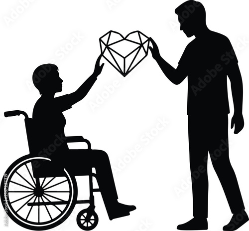 Person in Wheelchair Giving Gift Heart Silhouette, Man Receiving Heart Gesture Vector, Black Vector Illustration for Rehabilitation Concept isolated on White Background