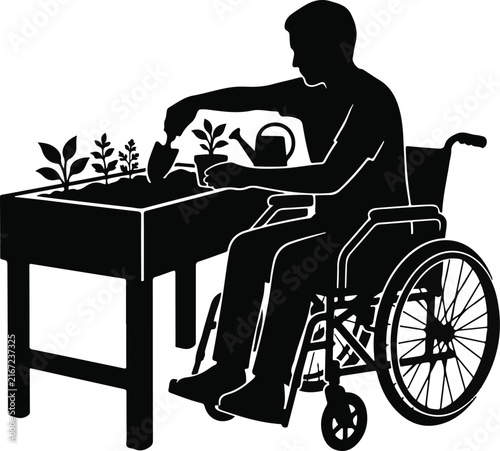 Silhouette of disabled man gardening in wheelchair. Vector illustration of wheelchair user cultivating plants and watering seedlings. Handicapped person outdoor hobby concept. isolated on White