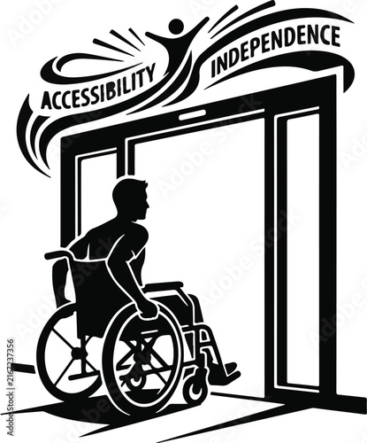 Accessibility and independence concept illustration with silhouette of man in wheelchair at open door isolated on White Background