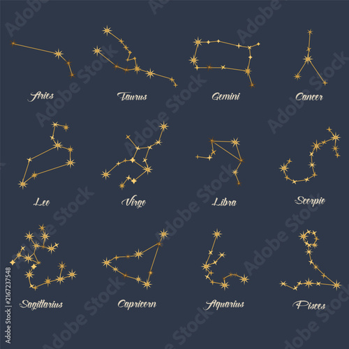 Zodiac Constellations Set – 12 Astrological Signs with Golden Stars on Dark Background